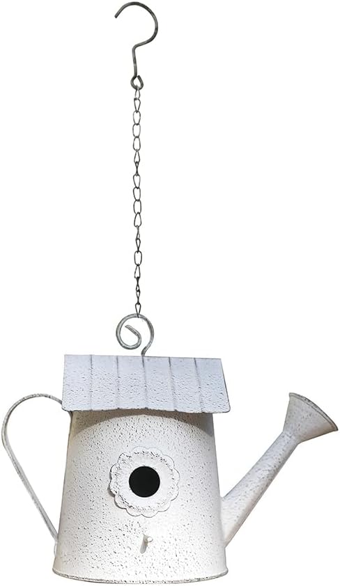 Vintage Hanging Bird Houses for Outside Metal Birds Nest Box for Bluebird Wren Chickadee Sparrow Garden Patio Outdoors Birdhouses Unique Distressed Decoration Watering Can Shape White