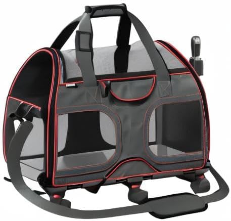 Katziela Luxury Rider Pet Carrier – Airline Compliant & TSA Approved Soft-Sided Travel Bag with Removable Base & 6 Wheels for Small Dogs & Cats – Black/Red