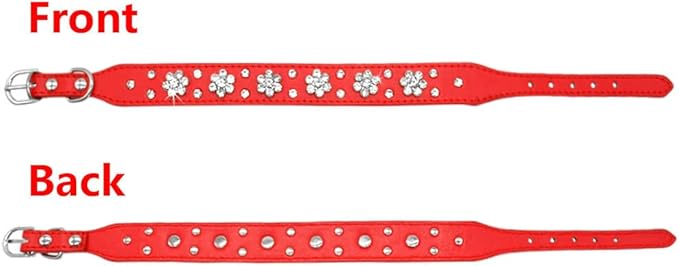 Rhinestone Dog Collar - Cute Flower Rhinestone Bling Collar, PU Leather, Adjustable Sizes (S, Dark Blue)