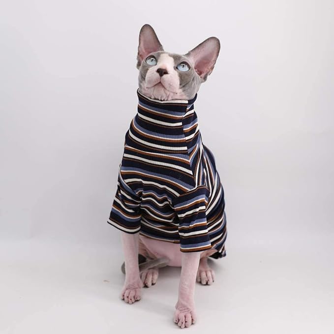 Vintage Stripes Sphynx Hairless Cat Cute Breathable Summer Cotton T-Shirts Pet Clothes,Round Collar Vest Kitten Shirts Sleeveless, Cats & Small Dogs Apparel (S (3.3-5 lbs), Vintage Deep Blue)