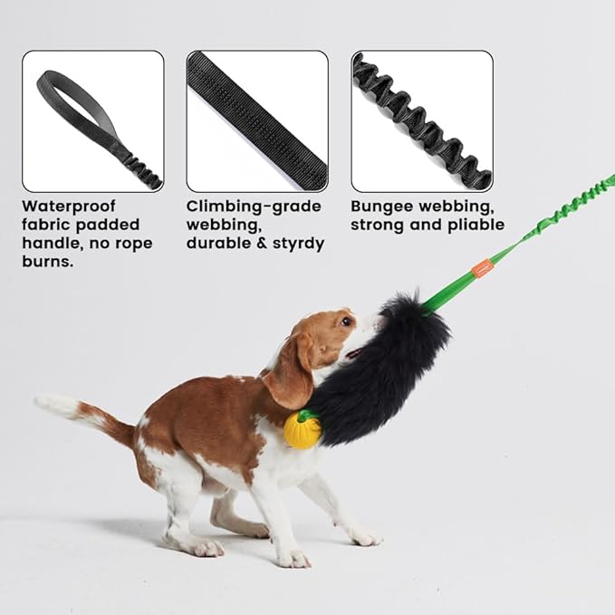 HOWGO Dog Rope Toy,Dog Bungee Chaser Toy 100% Sheepskin,Sheep Smell Tug Toy for All Breeds (Green, with Rubber Ball)