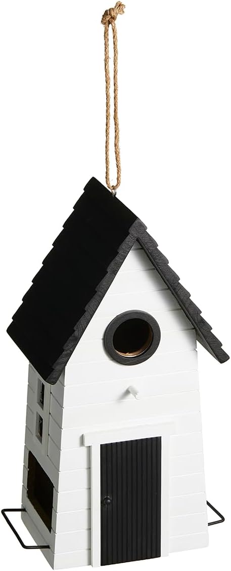 Glitzhome Modern Hand Painted Hanging Bird House for Outside,14.25"H Large Bird Houses for Outdoor,Functional and Decorative Solid Wood Cottage Garden Birdhouse for Bluebird,Chickadee,Wren Finch-White