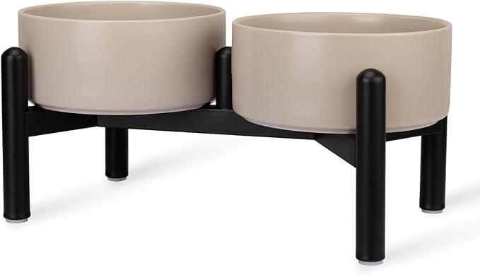 Raised Ceramic Dog Bowl Set - Elevated Double Dishes with Stainless Steel Stand - Food and Water Bowls for Small to Medium Dogs - Each Holds 2 Cups (28.75 fl oz) - Grey