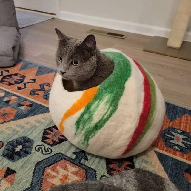 Woolygon Premium Felt Cat Cave Bed โ Wool Kitty Beds Handcrafted Kitten Caves Bed for Indoor Cats - Made from 100% Eco-Friendly Merino Wool, Foldable Cat Hidewawy Covered Cat House Pod (Candy Swirl)