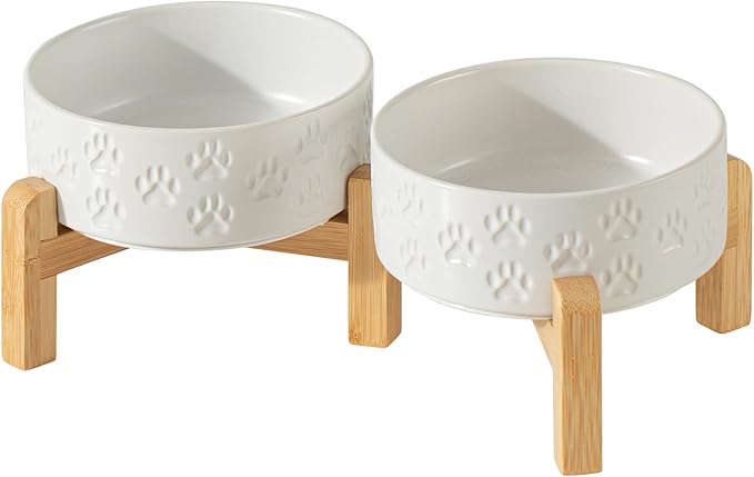 5.1" Raised Ceramic Dog Bowl Set, Two Dog Dishes with 2-Height Stand, Elevated Food & Water Bowls for Cats, Puppies, Non-Slip, 13.5 OZ, Dishwasher Safe (Double Bowls + Stand - White, 5.1 inch)