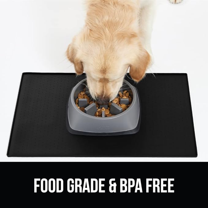 GORILLA GRIP 100% Waterproof Raised Edge BPA Free Silicone Pet Feeding Mat, Dog Cat Food Mats Contain Spills Protects Floors, Placemats for Cats and Dogs Water Bowl, Pets Accessories 23x15 Black