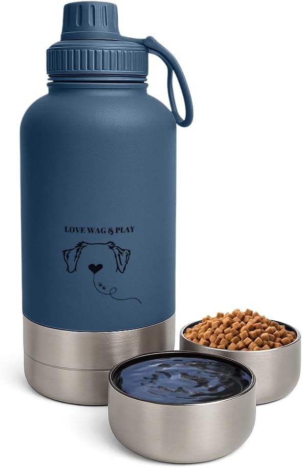 Love Wag & Play Dog Water Bottle Portable – 2 in 1 Stainless Steel Bowl for Food, Water – Leakproof Portable Water Bowl for Dog with Carry Loop – Detachable Design – Ideal for Kibble, Treats - Blue