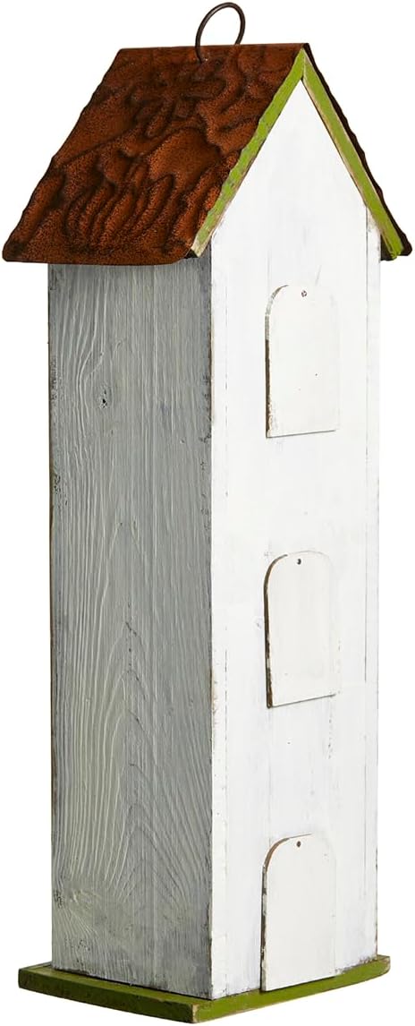 Glitzhome Bird Houses for Outside, Blue Bird Houses for Outdoors,18" H Distressed Outdoor Garden Wooden Birdhouse Decorative Hanging Bird House with Shutter Texture for Hummingbird,Sparrow,Wren Finch