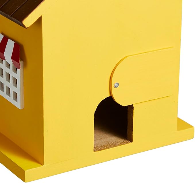 Glitzhome Birdhouses for Outdoors,Solid Wood Hanging Bird Houses for Outside, 9.5" H Modern General Store Decorative Pet Cottage Outdoor Garden Birdhouse for Outdoor Patio,Yellow