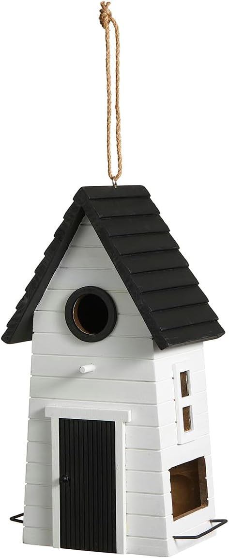 Glitzhome Modern Hand Painted Hanging Bird House for Outside,14.25"H Large Bird Houses for Outdoor,Functional and Decorative Solid Wood Cottage Garden Birdhouse for Bluebird,Chickadee,Wren Finch-White