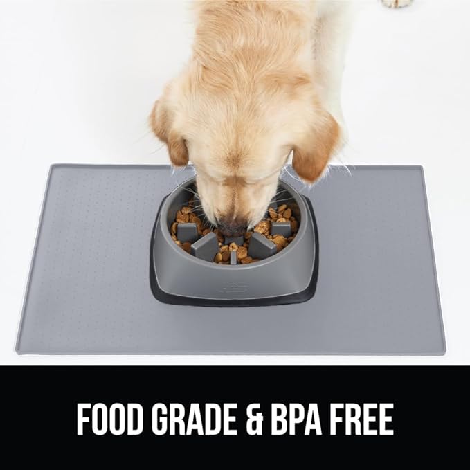 GORILLA GRIP 100% Waterproof Raised Edge BPA Free Silicone Pet Feeding Mat, Dog Cat Food Mats Contain Spills Protects Floors, Placemats for Cats, Dogs Water Bowl, Pets Accessories 23x15 Light Gray