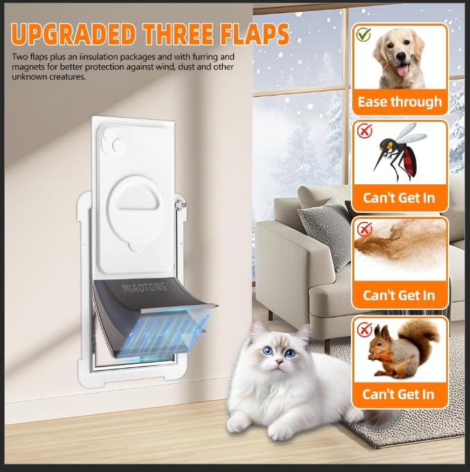 MIAOTONG 3-Flap Cat Door for Wall, Double Magnetic Flaps Dog Door for Wall, Aluminum Lock Doggy Door,Steel Frame and Telescoping Tunnel Dog Doors and Cat Door(Pets Up to 12 Lb) -Small