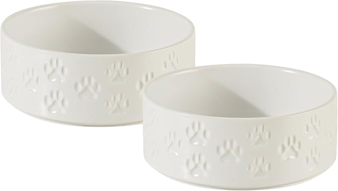 5.1" Non-Slip Ceramic 2 - Piece Dog Bowl Set for Toy Breed Dogs - Food and Water Bowls for Puppy, Pet Dishes for Cats, Kitty (Double Bowls - White, 5.1 inch)