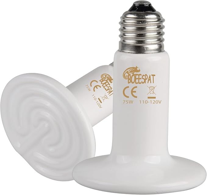 Energy Efficient 75W Reptile Heat Bulbs, Pack of 2 Ceramic Heat Emitters for Reptile Geckos, Bearded Dragon, Lizard, Iguana & Small Pets (White, 75 Watts)