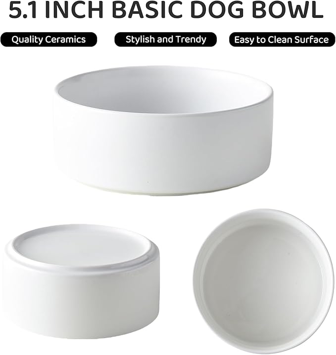 Ceramic Set of 2 Dog and Cat Bowls - Classic Food & Water Bowl for Kitty, Cats and Toy Breed Dogs, Weighted Dog Dishes, Food Grade Pet Bowl, Dishwasher & Microwave Safe (5.1'', 2*16OZ, White)
