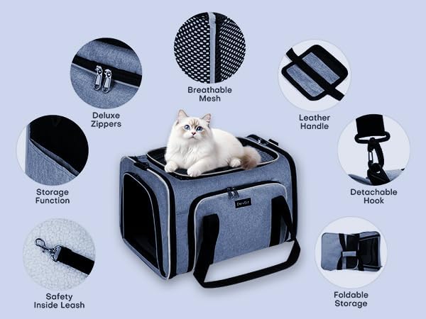 Expandable Cat & Dog Carrier, Large Expandable Collapsible Travel Bag with Safety Zippers, 3 Open Doors, Removable Fleece Pad for Puppies & Small Animals, Airline Approved