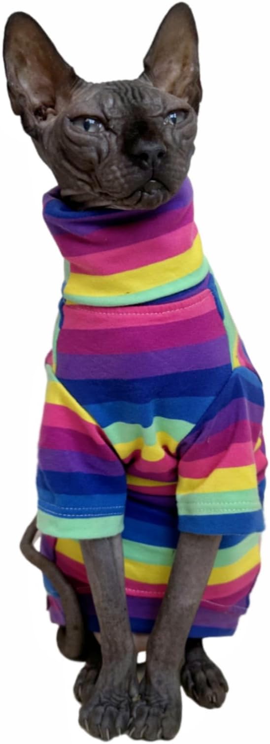 Vintage Stripes Sphynx Hairless Cats Shirt Cotton Cat Turtleneck Pet Clothes Kitten T-Shirts with Sleeves for Sphynx Cornish Rex, Devon Rex, Peterbald (Rainbow Stripe, X-Large (Pack of 1))