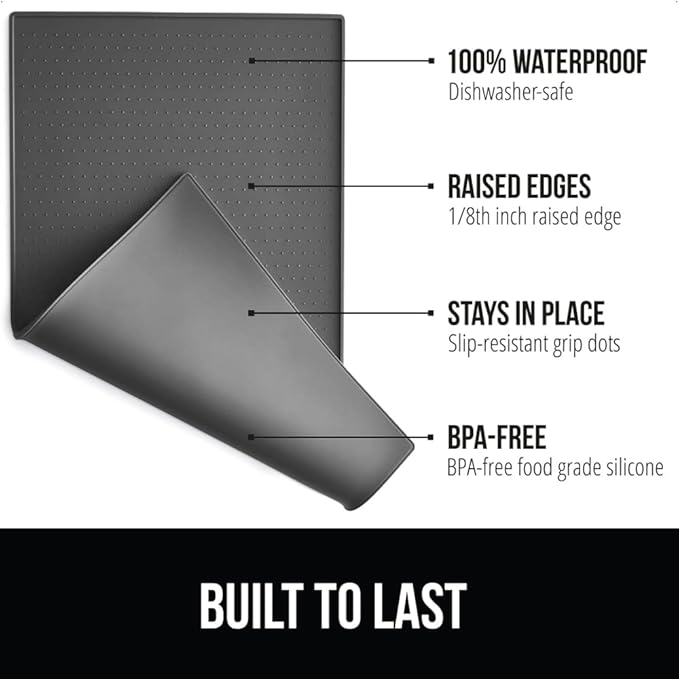 GORILLA GRIP 100% Waterproof Raised Edge BPA Free Silicone Pet Feeding Mat, Dog Cat Food Mats Contain Spills Protects Floors, Placemats for Cats and Dogs Water Bowl Pets Accessories 18.5x11.5 Charcoal