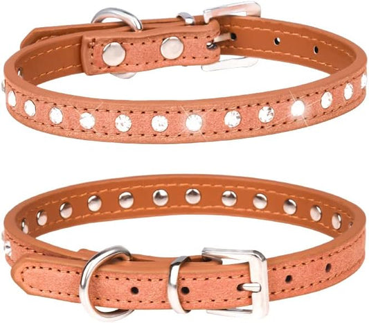 Rhinestone Dog Collar Suede Leather Crystal Diamond Colorful Bling Girl Puppy Cat Collars XS Small Pets (M, Brown)