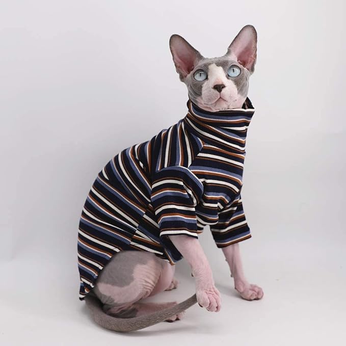 Vintage Stripes Sphynx Hairless Cat Cute Breathable Summer Cotton T-Shirts Pet Clothes,Round Collar Vest Kitten Shirts Sleeveless, Cats & Small Dogs Apparel (XL (9-12.5 lbs), Vintage Deep Blue)