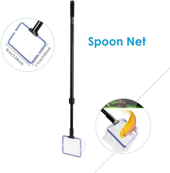 5 in 1 Aquarium/Fish Tank Cleaning Kit/Tool, Algae Scraper, Fish Net, Sponge, Plant Fork, Gravel Rake, Length Adjustable from 21 inches to 31 inches (Extendable)