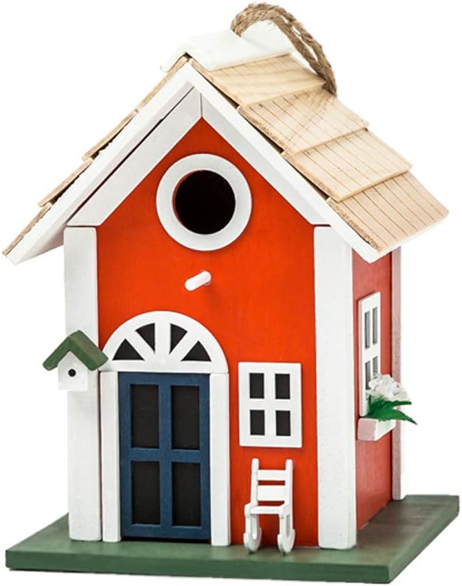 MEWANG Hanging Colourful Birdhouse Garden Country Cottages Bird House Condo Wooden Red Height 9.7"