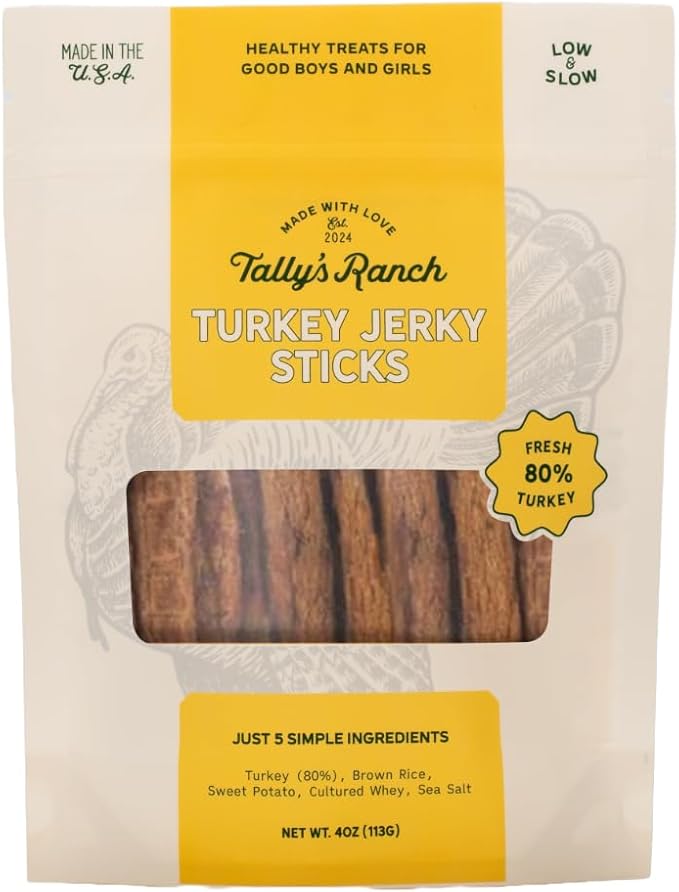 Tally's Ranch 4oz Turkey Jerky Dog Treats - All-Natural - 5 Simple Ingredients, No Added Sugar, High Protein - Made in The USA