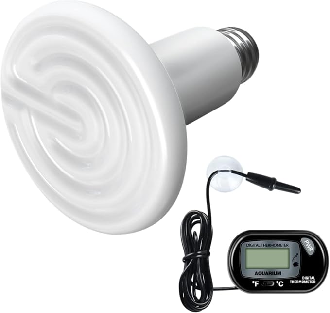 Simple Deluxe 100W Ceramic Heat Lamp Reptile Heat Emitter Heater Lamp Bulb No Light with Free Digital-Thermometer, for Pet Brooder Coop Chicken, Turtle Lizard Snake Aquarium Tank, White
