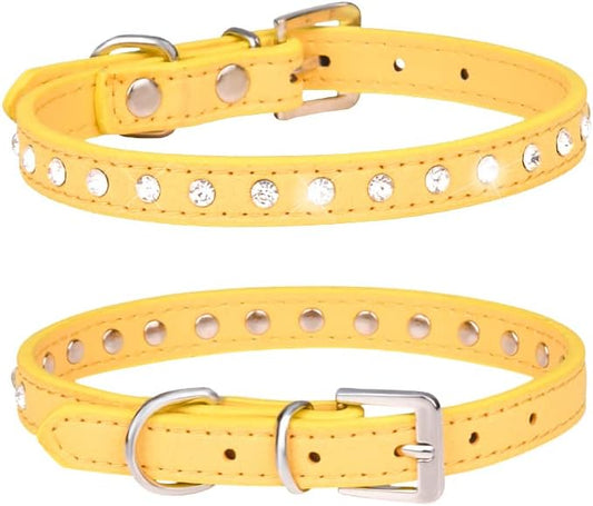 Rhinestone Dog Collar Suede Leather Crystal Diamond Colorful Bling Girl Puppy Cat Collars XS Small Pets (M, Yellow)