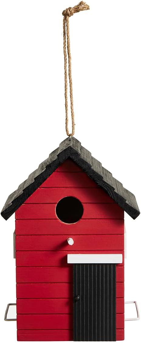 Glitzhome Wooden Bird Houses, Hand Painted Hanging Bird House for Outdoors,10.25" H Modern Functional and Decorative Outdoor Garden Birdhouse for Finch Bluebird Cardinals Swallow Wren Chickadee, Red