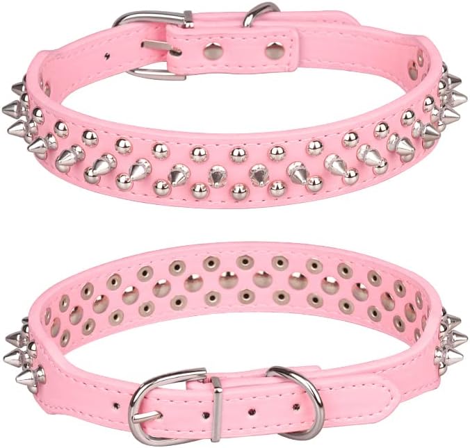 Spiked Dog Collar, Mushrooms Rivet Studded Adjustable Pu Leather Pet Collars for Cats Puppy Dogs (L, Pink)