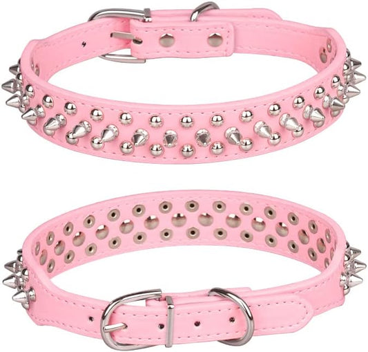 Spiked Dog Collar, Mushrooms Rivet Studded Adjustable Pu Leather Pet Collars for Cats Puppy Dogs (S, Pink)