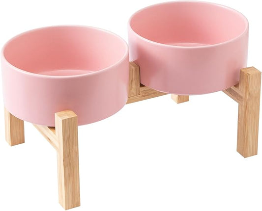 Raised Ceramic Dog Bowl Set - Elevated Dog Bowls with Non Slip Bamboo Stand, Food and Water Bowl Set for Small and Medium Breed Dogs, Pet Bowls, Weighted Dogs Dishes (6'', 2 * 30OZ, Pink)
