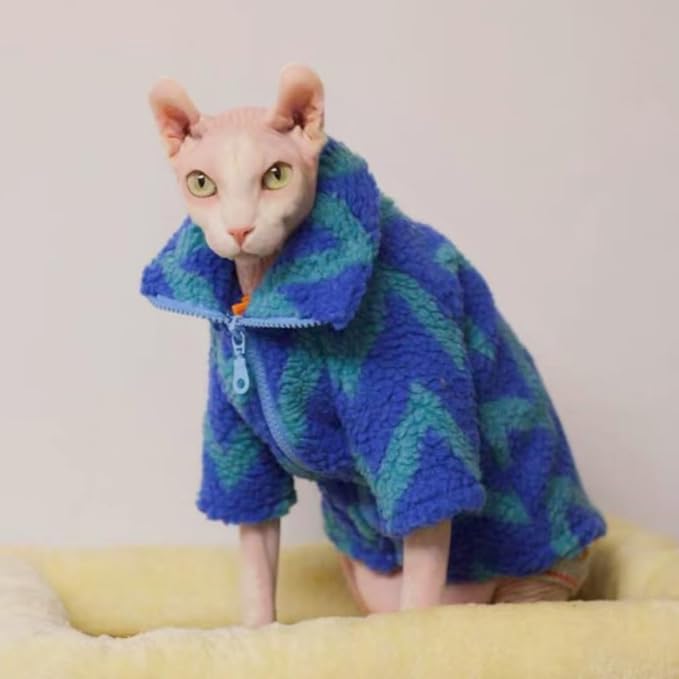 Turtleneck Sphynx Cat Winter Clothes, Double-Sided Fleece Jacket with Zipper, Sweater for Sphynx Cat Winter Warm Outfit Coat for Hairless Cats and Small Dogs Apparel with Sleeves (Lightning, Large)