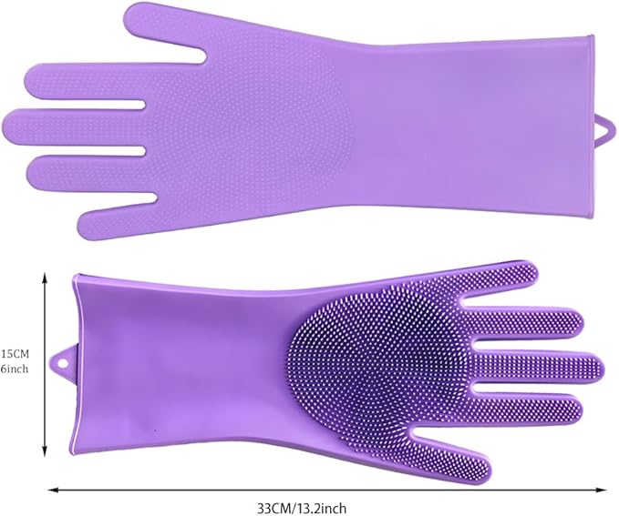 1 pairs Silicone Dishwashing & Pet Grooming Gloves - 2-in-1 Heat Resistant Gloves with High-Density Teeth, Enhanced Five Finger Design for Bathing, Cleaning Dishes, Cars, Dogs & Cats(Purple)