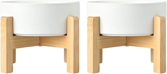 SPUNKYJUNKY Ceramic Elevated Dog Bowls 2 Pack - 5.1inch Raised Dog Bowls with Non-Slip Wooden Stand for Small Dogs Dishwasher Safe(White,13.5OZ*2)