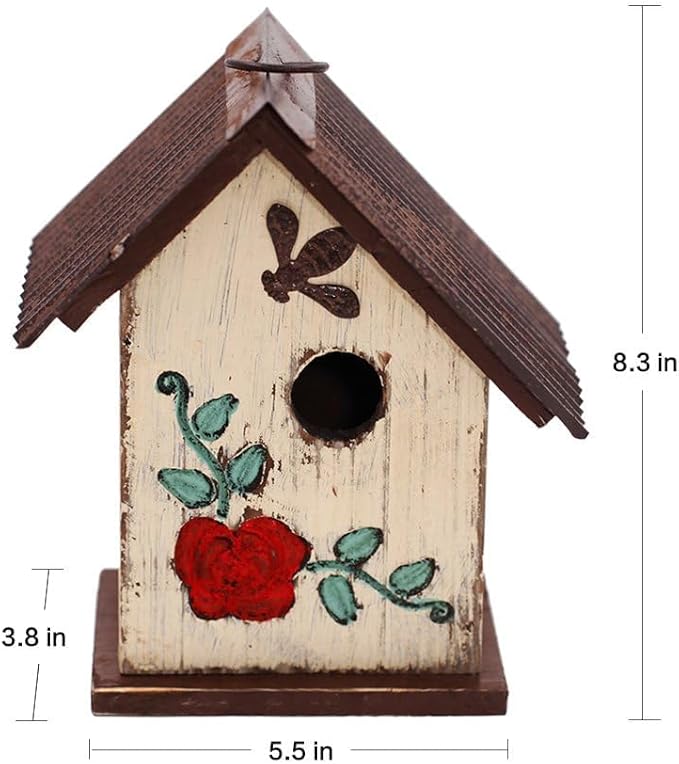 Bird House Wooden Carved Floral Birdhouse with Hanging,White Hanging Bird House for Outside