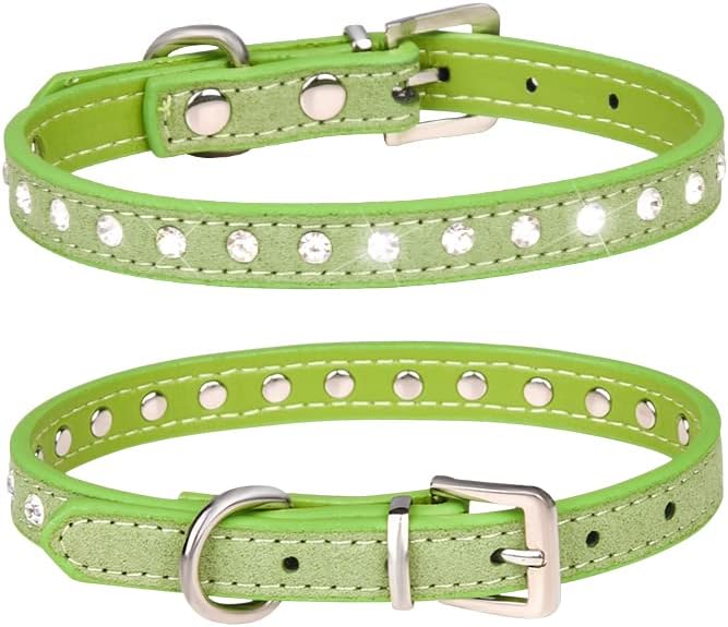 Rhinestone Dog Collar Suede Leather Crystal Diamond Colorful Bling Girl Puppy Cat Collars XS Small Pets (S, Green)