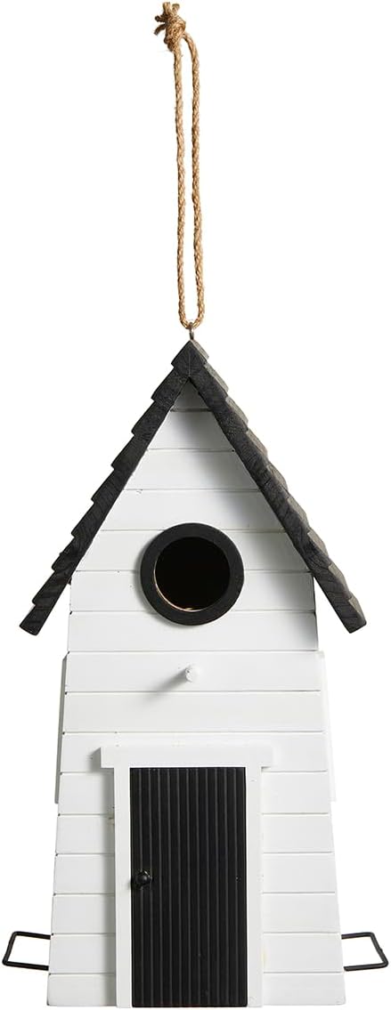 Glitzhome Modern Hand Painted Hanging Bird House for Outside,14.25"H Large Bird Houses for Outdoor,Functional and Decorative Solid Wood Cottage Garden Birdhouse for Bluebird,Chickadee,Wren Finch-White