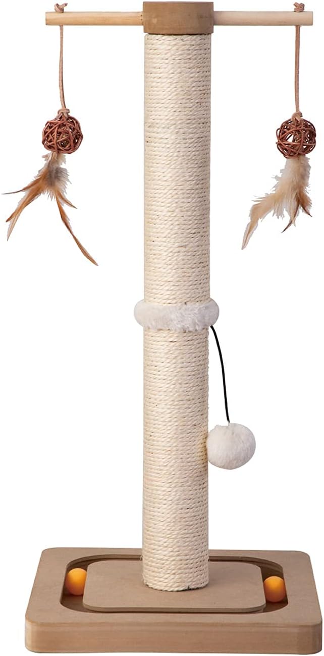 PEEKAB Cat Scratching Post Premium Sisal Scratch Posts with Tracking Interactive Toys Vertical Scratcher for Indoor Cats and Kittens- 25 inches Beige