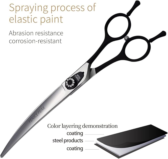 Fenice Peak 7.0'' Professional Dog Grooming Scissors Set with Black Non-Slip Handle 440C Stainless Steel Straight Thinning Curved Chunker Shears 4pcs Set for Pet Grooming Services