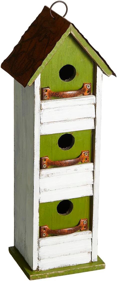 Glitzhome Bird Houses for Outside, Blue Bird Houses for Outdoors,18" H Distressed Outdoor Garden Wooden Birdhouse Decorative Hanging Bird House with Shutter Texture for Hummingbird,Sparrow,Wren Finch