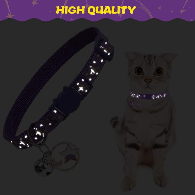 PUPTECK 3 Pack Cat Collar with Bells Breakaway - Luminous Safety Small Kitten Collar Adjustable Moon Star Pink Black Purple, 8-12 in