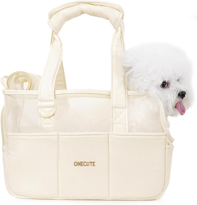 Dog Purse Carrier for Small Dogs Rabbit cat with Large Pockets, Cotton Bag, Dog Carrier Soft Sided, Collapsible Travel Puppy Carrier (Beige Breathable, 17.0" L x 7.5" W x 12.0" H)