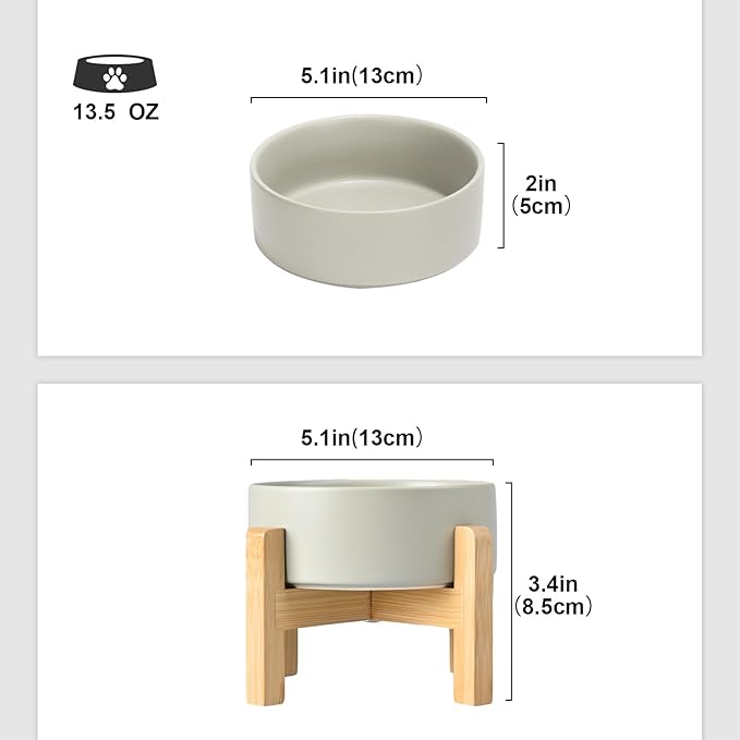 SPUNKYJUNKY Ceramic Elevated Dog Bowls 2 Pack - 5.1inch Raised Dog Bowls with Non-Slip Wooden Stand for Small Dogs Dishwasher Safe(Grey,13.5OZ*2)