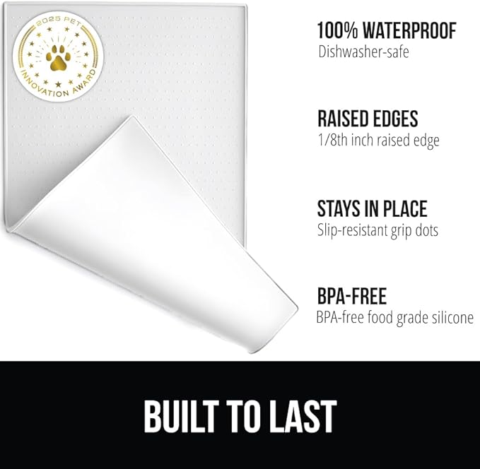 GORILLA GRIP 100% Waterproof Raised Edge BPA Free Silicone Pet Feeding Mat, Dog Cat Food Mats Contain Spills Protects Floors, Placemats for Cats and Dogs Water Bowl, Pets Accessories 23x15 White
