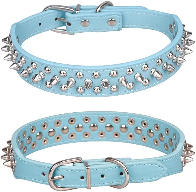 Spiked Dog Collar, Mushrooms Rivet Studded Adjustable Pu Leather Pet Collars for Cats Puppy Dogs (M, Light Blue)