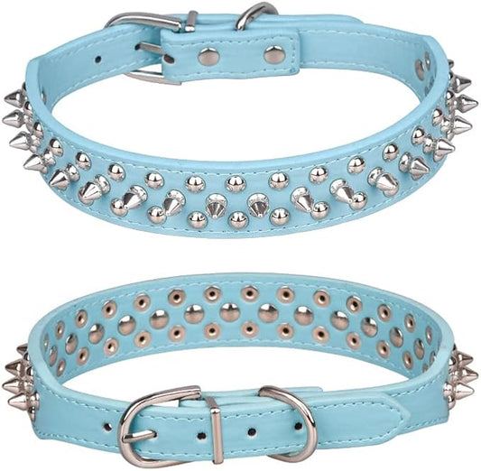 Spiked Dog Collar, Mushrooms Rivet Studded Adjustable Pu Leather Pet Collars for Cats Puppy Dogs (M, Light Blue)