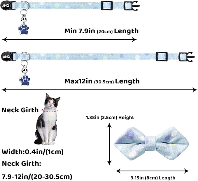 Personalized Breakaway Cat Collars - ID Tag, Bell, Bowtie - Safety Quick-Release, Customized for Girls & Boys Cats (Polka dot-Blue)