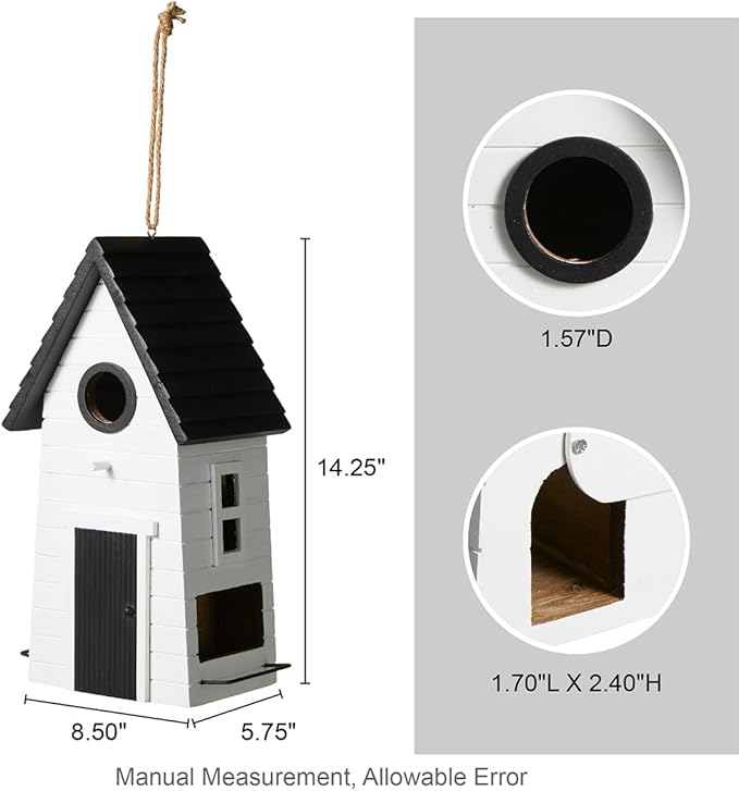 Glitzhome Modern Hand Painted Hanging Bird House for Outside,14.25"H Large Bird Houses for Outdoor,Functional and Decorative Solid Wood Cottage Garden Birdhouse for Bluebird,Chickadee,Wren Finch-White